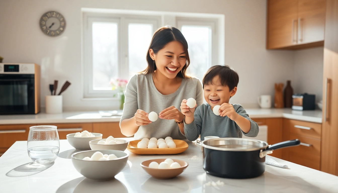 현대적인 주방에서 아이와 함께 팥죽에 넣을 새알심을 만드는 가족