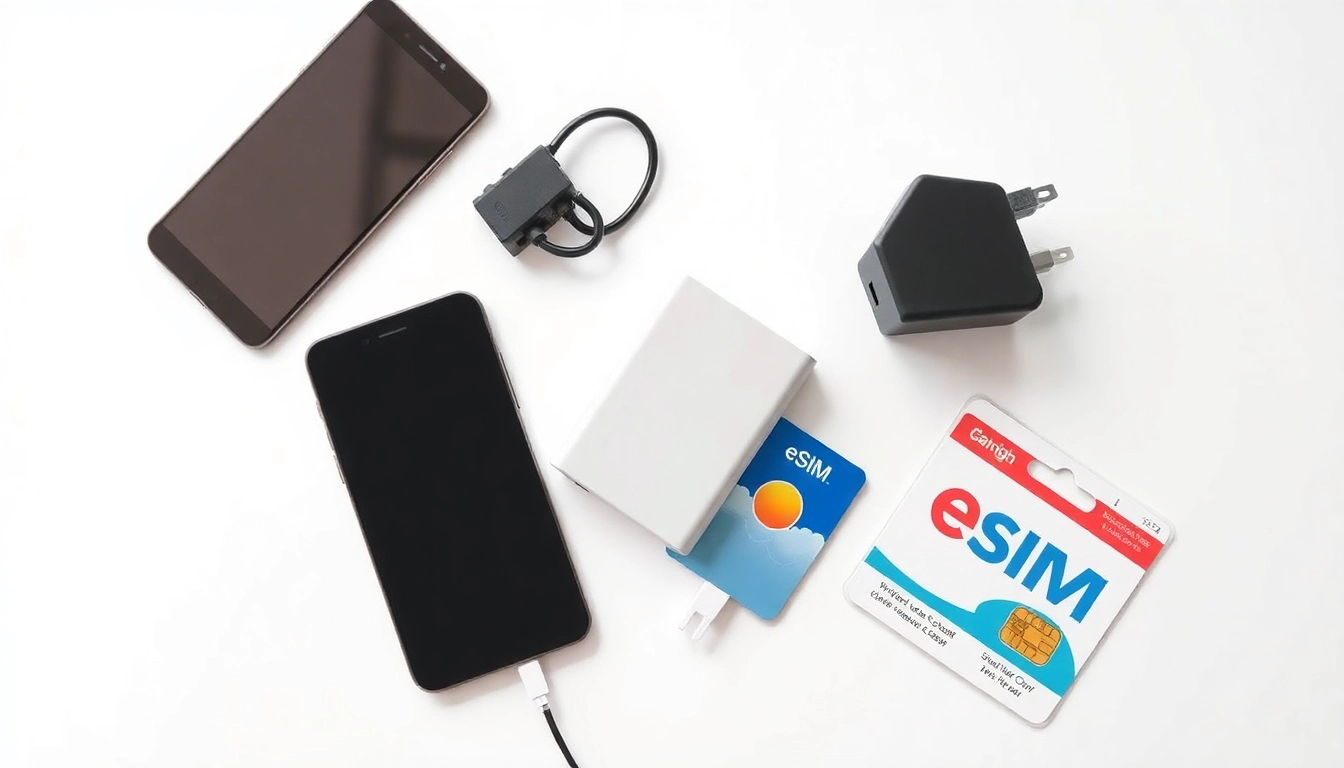 스마트폰, 보조배터리, 멀티 어댑터, 유심 카드 등 여행용 전자기기 모음