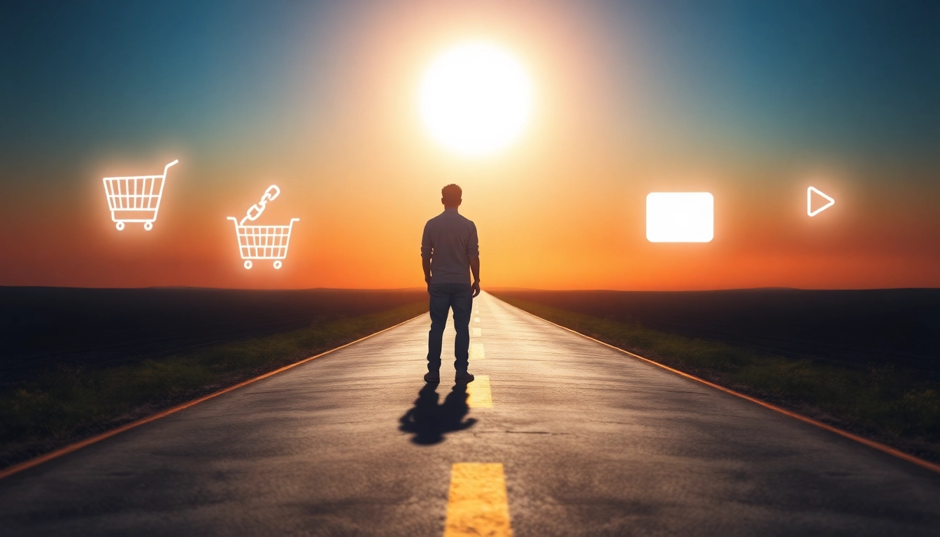 네 가지 부업 모델을 상징하는 아이콘이 있는 갈림길 앞에서 자신의 길을 선택하려는 사람의 뒷모습.