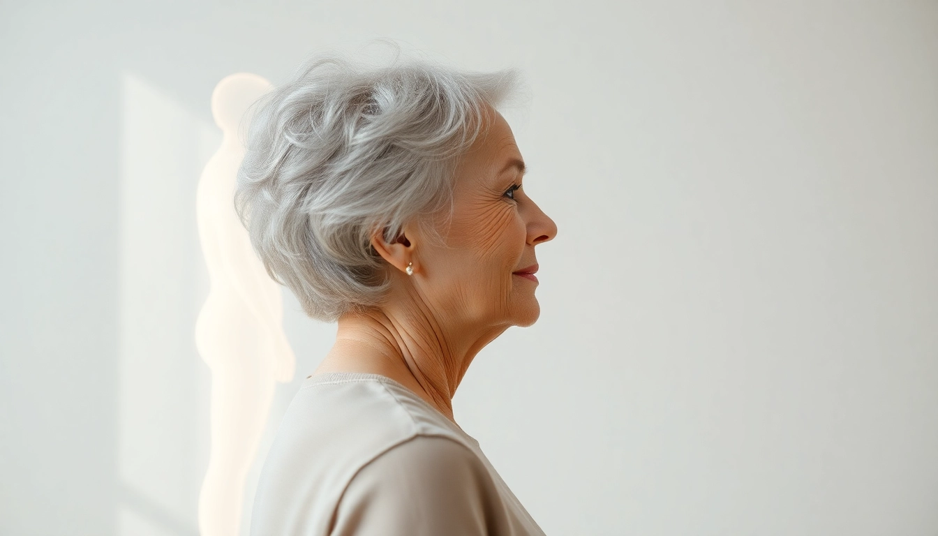 골다공증의 증상인 키 감소와 굽은 등을 시각적으로 보여주는 여성의 옆모습