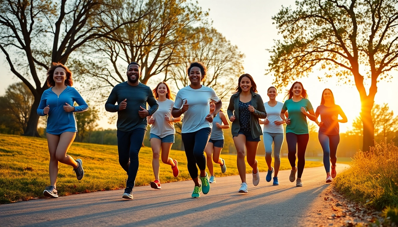 해질녘 공원에서 함께 달리며 즐거워하는 사람들.
