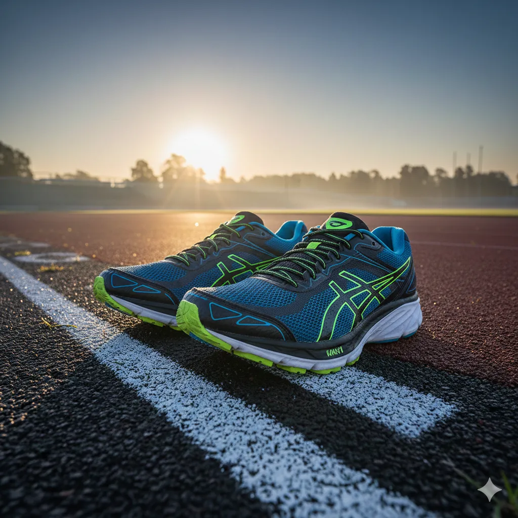 동트기 시작하는 아침, 출발선에 놓인 런닝화 한 켤레.