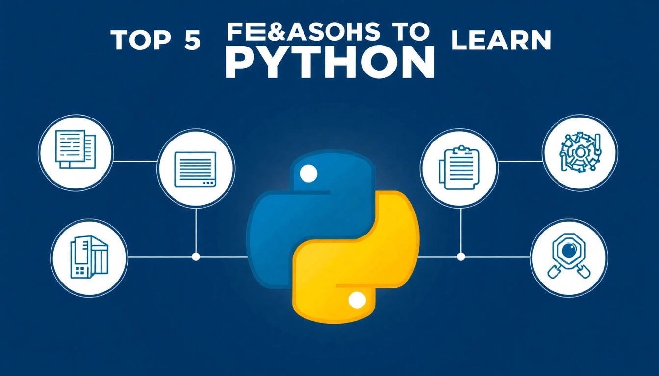 파이썬을 배워야 하는 다섯 가지 주요 이유를 나타내는 인포그래픽 스타일 이미지