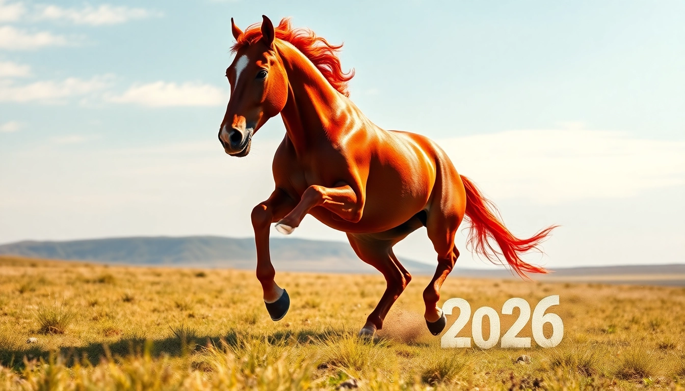 2026년 붉은 말띠를 상징하는 활기차고 힘찬 야생마가 넓은 초원을 달리는 모습