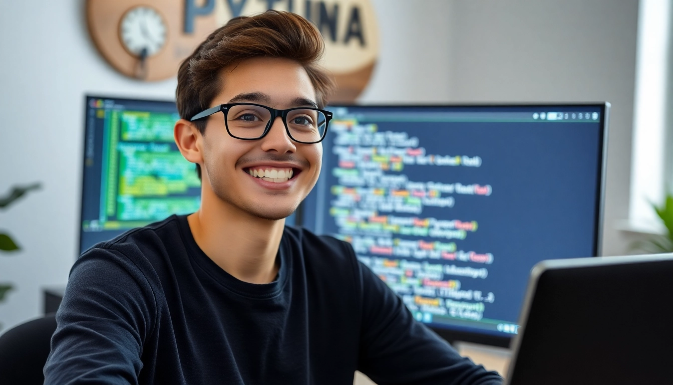 처음 코딩을 시작하려는 초보자가 컴퓨터 앞에서 파이썬 코드를 보며 의욕을 느끼는 모습