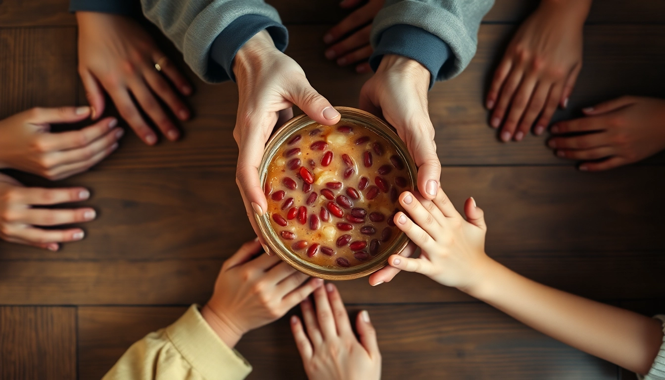 여러 세대가 함께 모여 팥죽을 나누는 따뜻한 모습