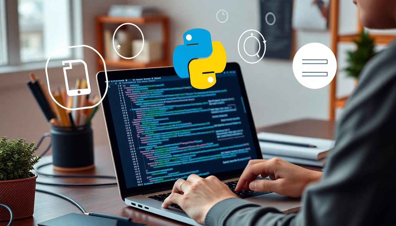 조건문, 반복문, 함수 개념을 나타내는 아이콘과 함께 파이썬 코드를 작성하는 사람의 작업 공간