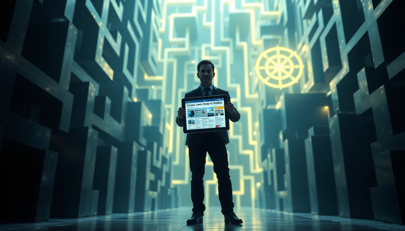 경제 뉴스를 투자 나침반으로 활용하는 투자자. 한 투자자가 주식 시장을 상징하는 복잡한 미로 앞에서 경제 뉴스가 켜진 태블릿을 나침반처럼 들고 나아갈 길을 찾고 있다.