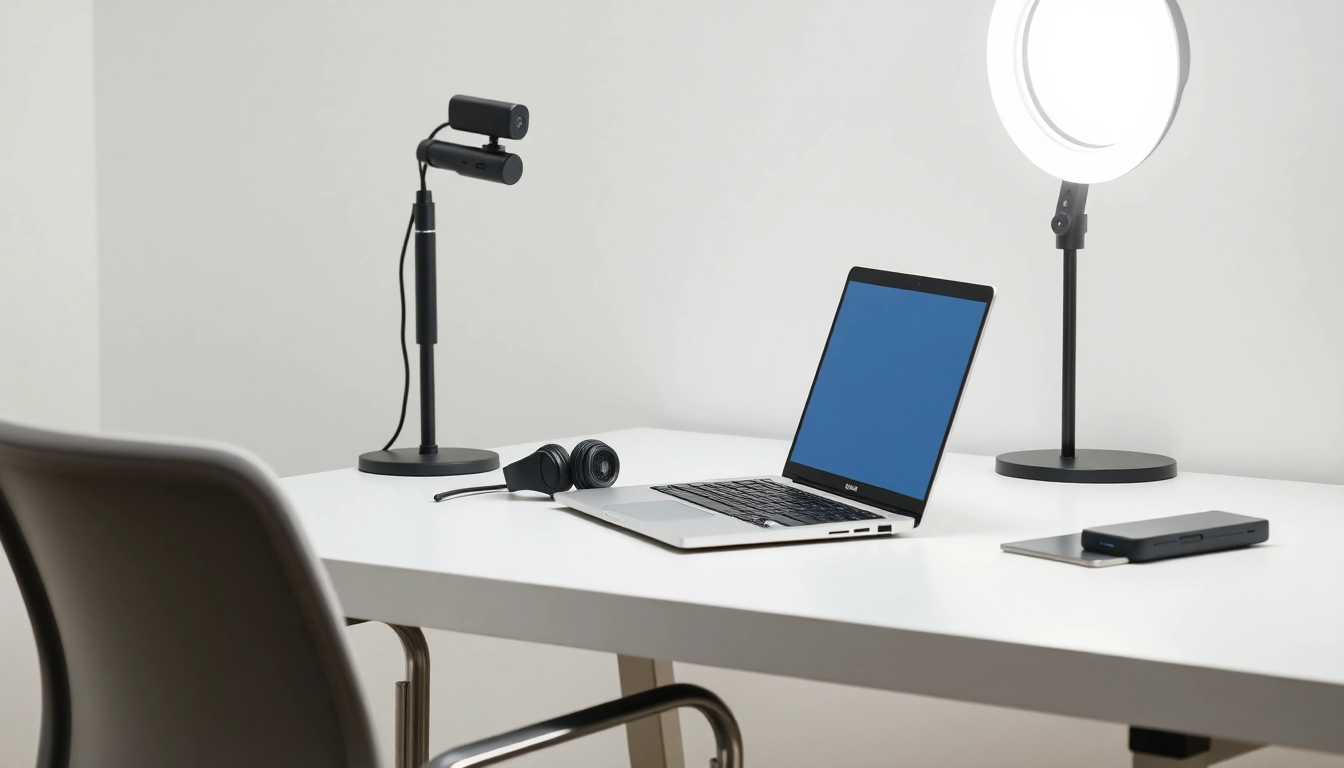 화상 면접을 위해 고화질 웹캠, 조명, 헤드셋 등이 완벽하게 준비된 깔끔한 책상 환경.