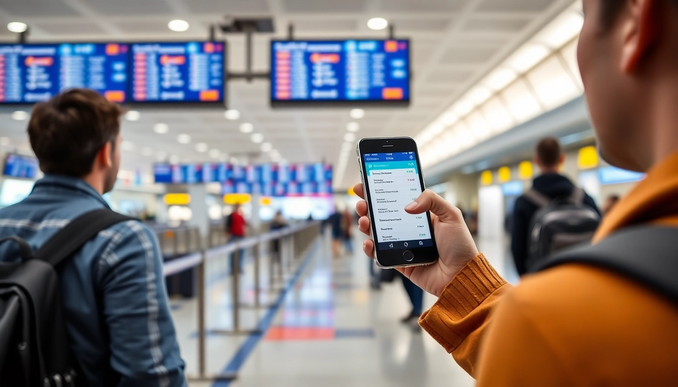 공항 출국장에서 스마트폰으로 모바일 탑승권을 확인하는 여행자