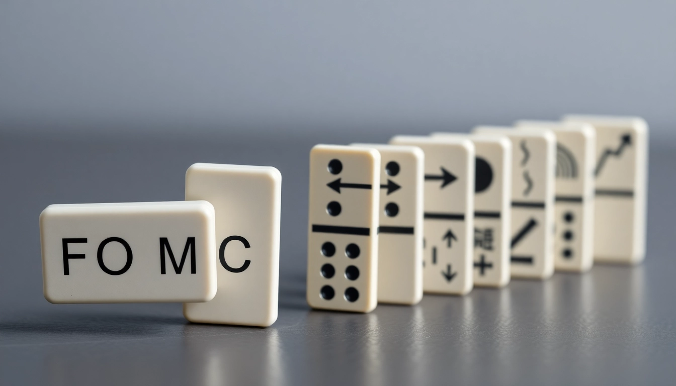 미국 금리 인상이 한국 증시에 미치는 도미노 효과. FOMC라고 적힌 첫 번째 도미노가 쓰러지면서 달러 강세, 외국인 자금 유출, 주가 하락을 상징하는 도미노들이 연쇄적으로 쓰러지고 있다.