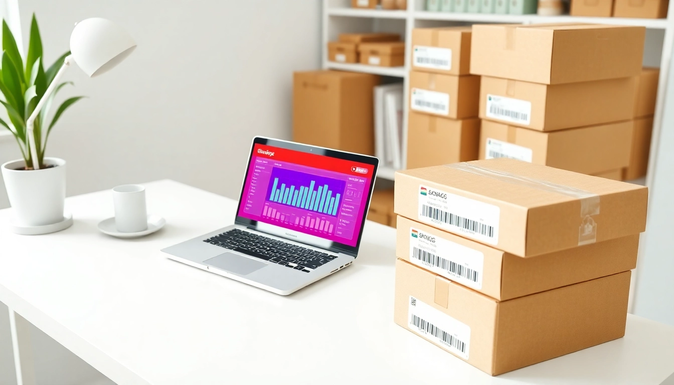 온라인 쇼핑몰 대시보드가 켜진 노트북과 해외 배송을 위해 포장된 상자들이 놓여있는 책상.