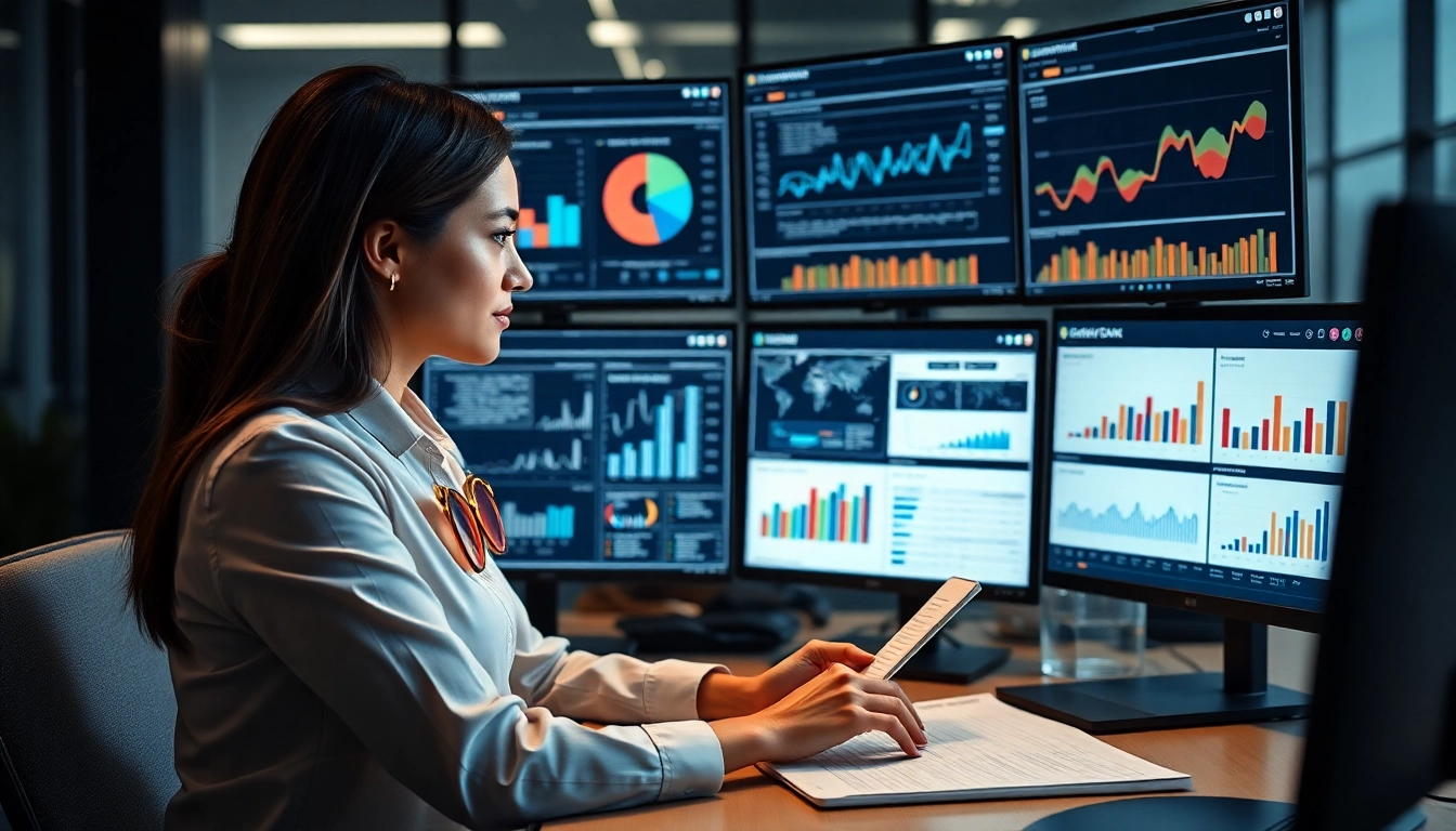 기업과 직무 데이터를 여러 화면에서 분석하는 비즈니스 여성의 모습