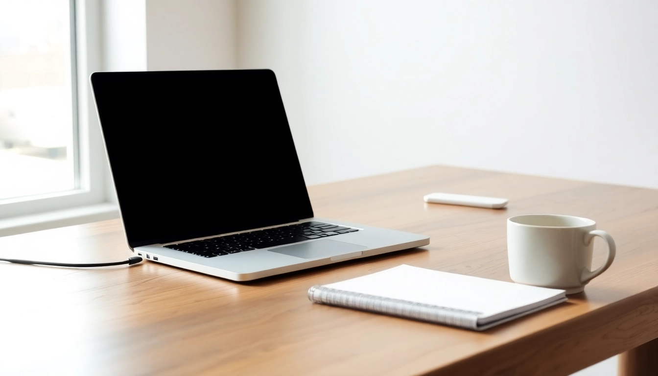 모던한 노트북과 커피컵, 노트패드가 있는 홈 오피스 책상 풍경