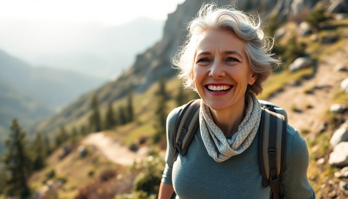 건강한 노년을 상징하는, 화창한 날에 등산을 즐기는 활기찬 노년 여성