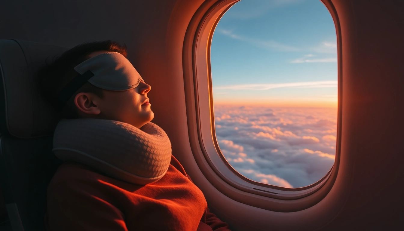 비행기 창가 좌석에서 목베개와 안대를 착용하고 편안하게 쉬고 있는 여행객.