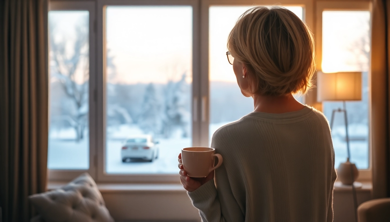따뜻한 실내에서 찻잔을 들고 창밖의 눈 내리는 풍경을 바라보는 중년 여성.