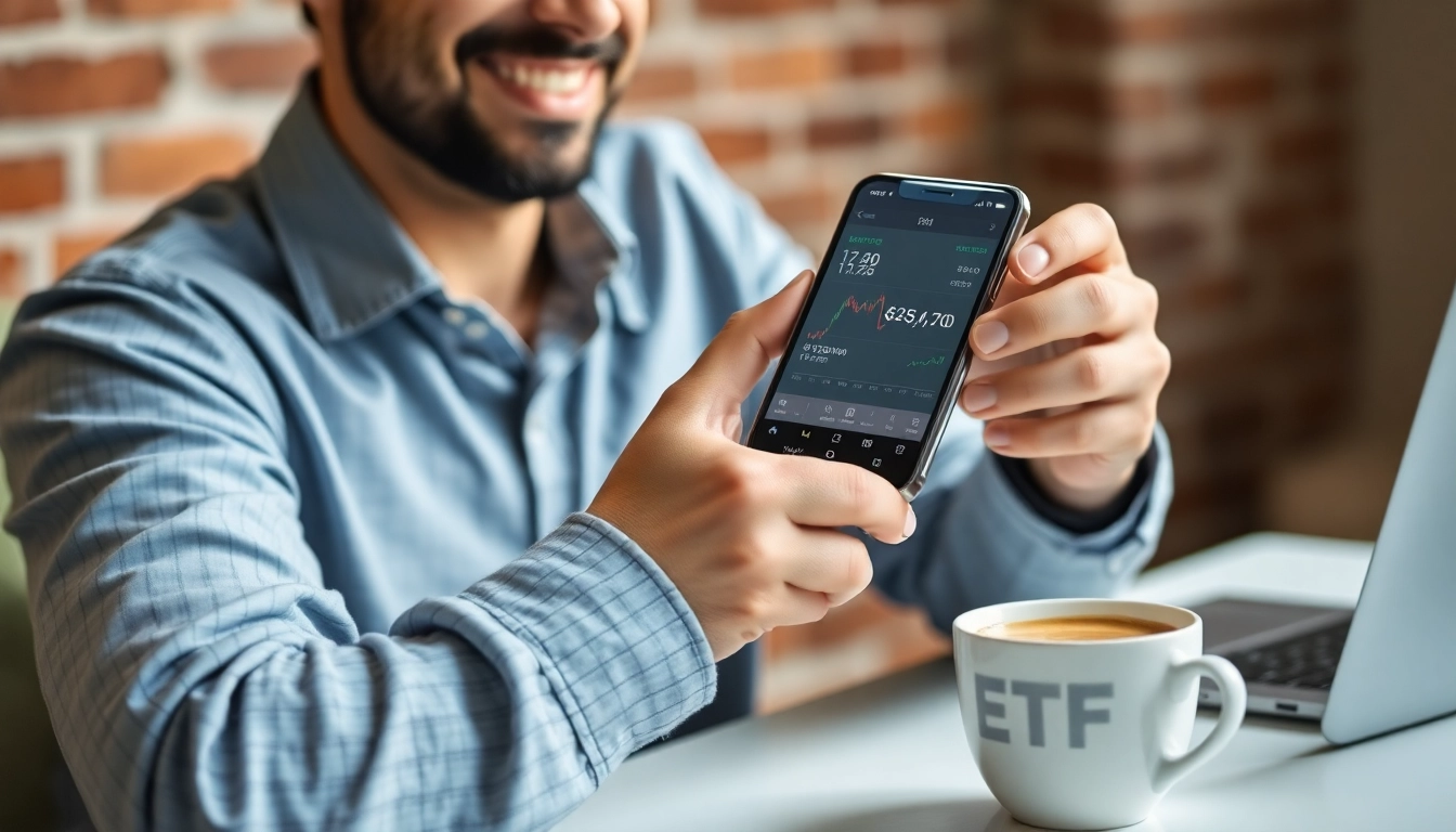 첫 ETF 매수를 스마트폰으로 실천하는 모습과 커피 한 잔