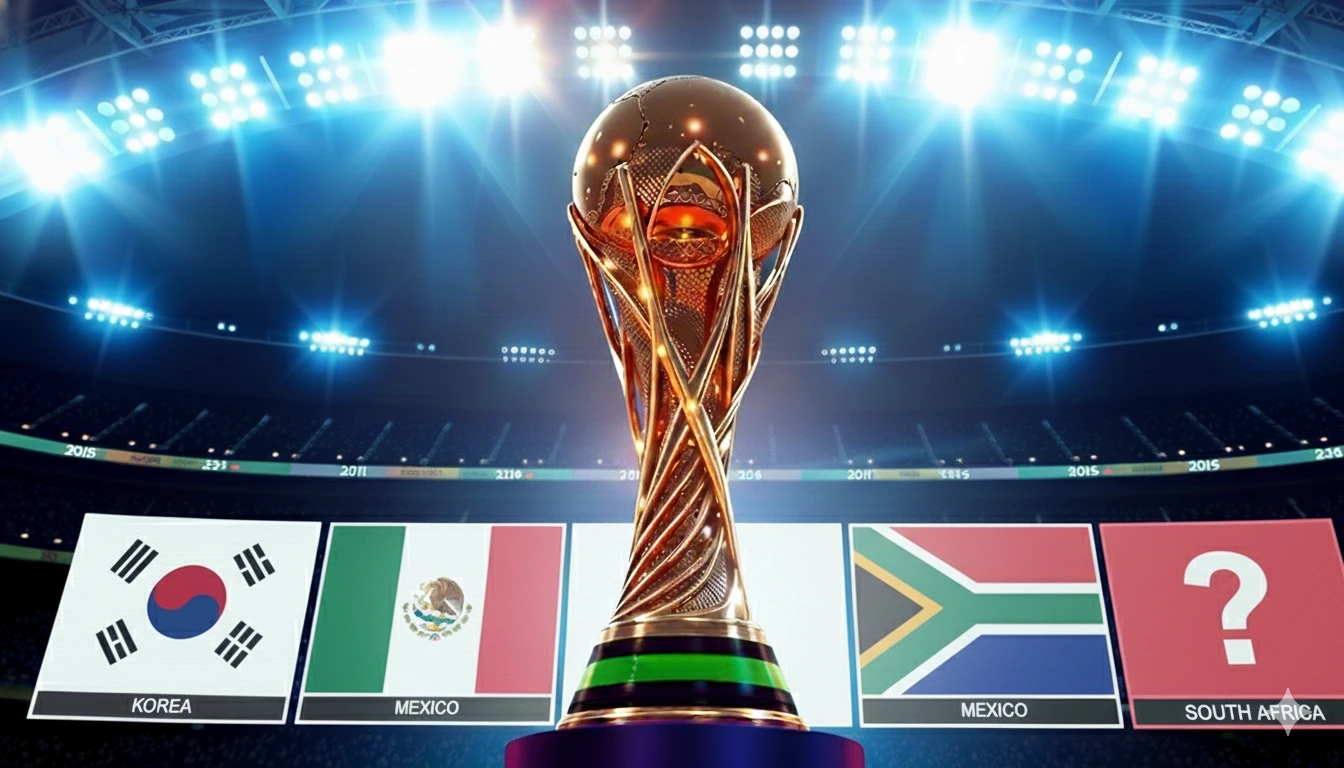 2026 북중미 월드컵 A조 조추첨 결과를 상징하는 이미지. 월드컵 트로피를 중심으로 한국, 멕시코, 남아공 국기가 표시되어 있고, 마지막 한 자리는 물음표로 남아있다.