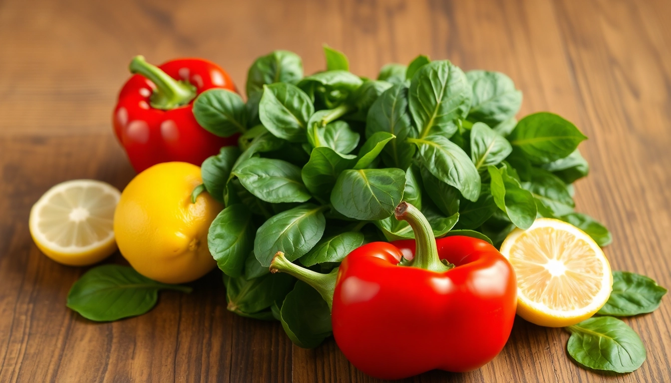 철분 흡수를 돕는 파프리카와 레몬과 함께 놓인 시금치