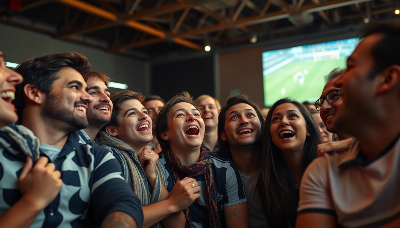 다양한 국적의 축구 팬들이 함께 모여 월드컵 경기를 즐기는 모습