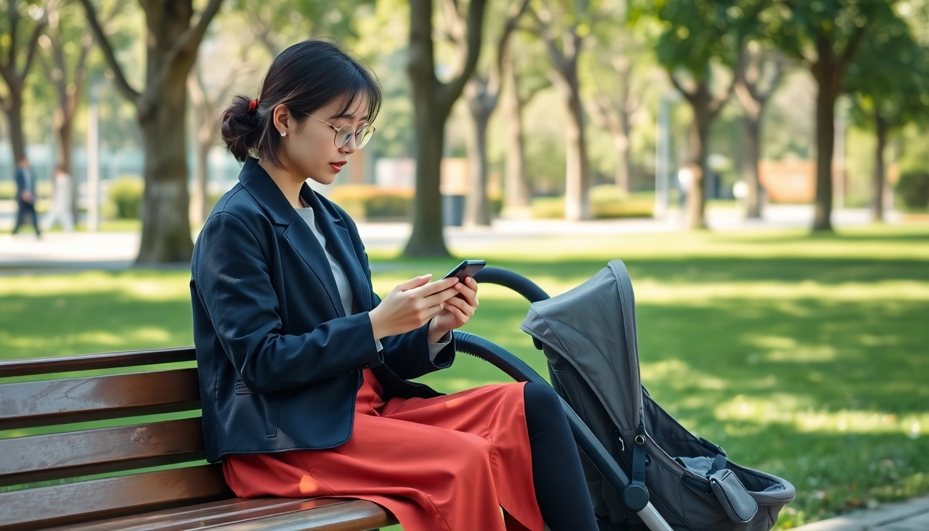 공원 벤치에 앉아 여유롭게 스마트폰으로 앱테크를 하는 주부.