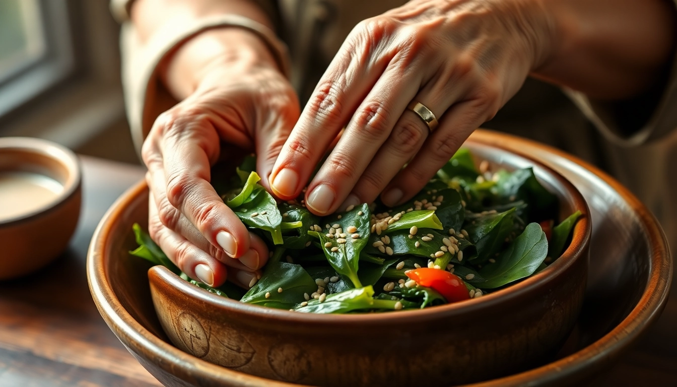 정성스럽게 나물을 무치고 있는 따뜻한 손길.