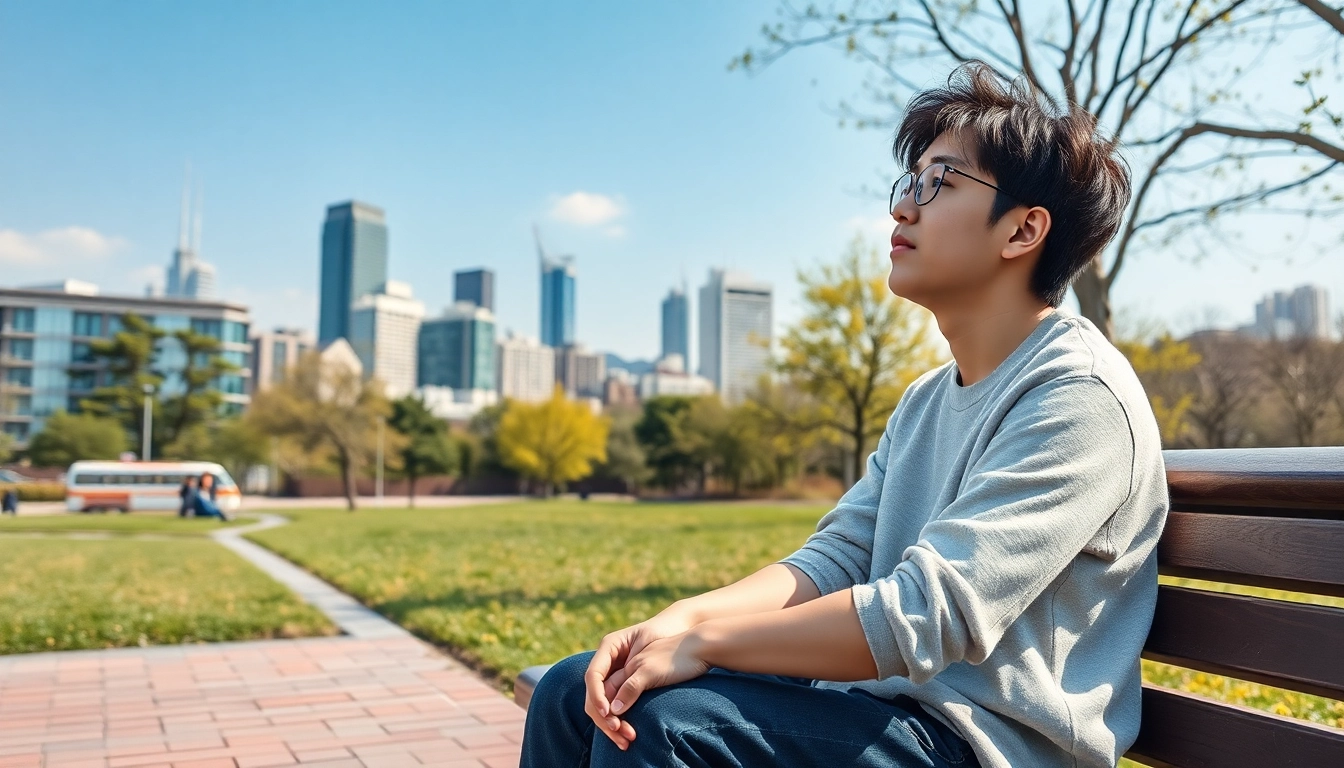 서울 공원에서 희망찬 표정의 청년