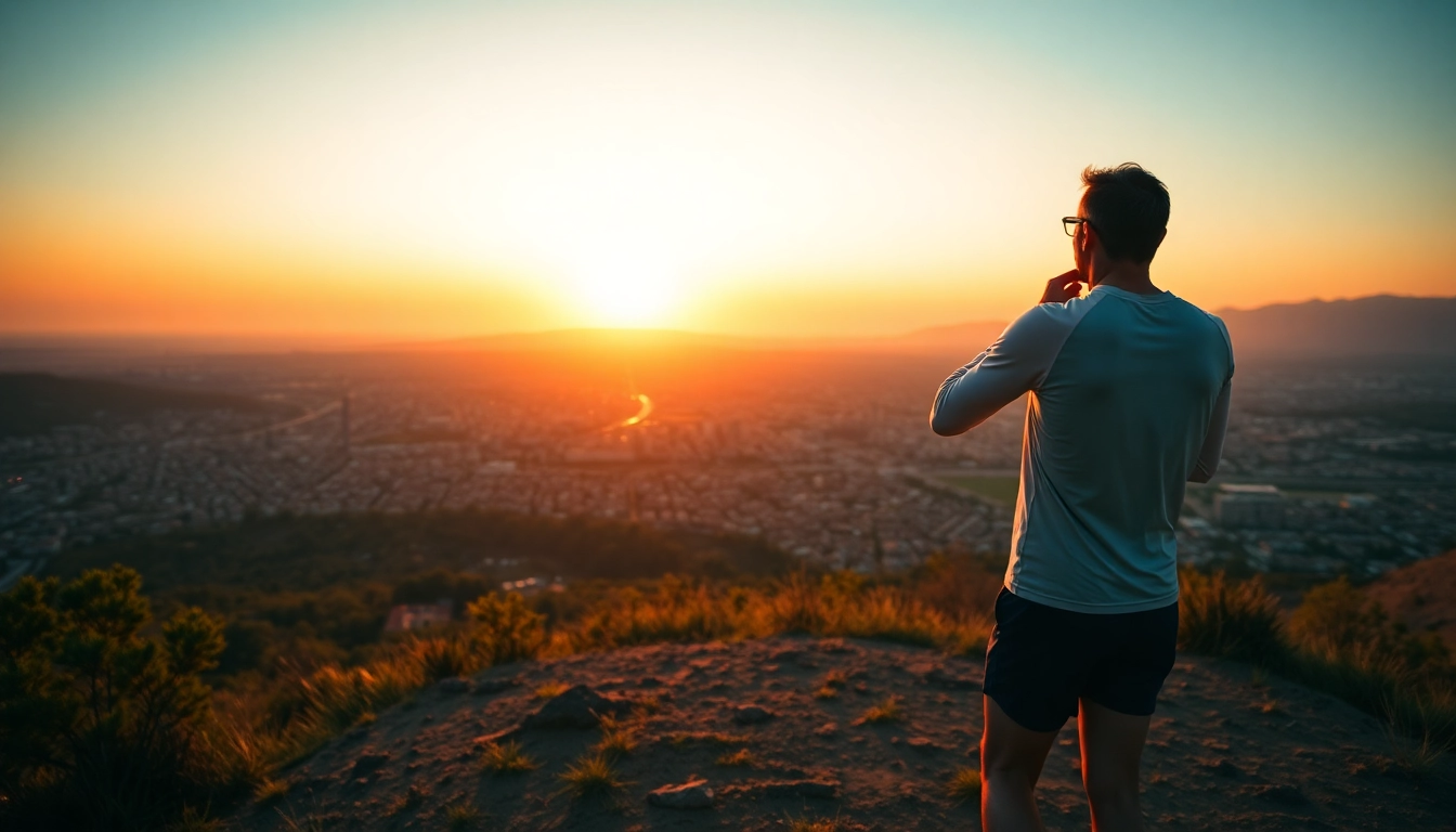 4주 훈련을 마친 후, 언덕 위에서 일출을 바라보며 성취감을 느끼는 러너의 뒷모습.