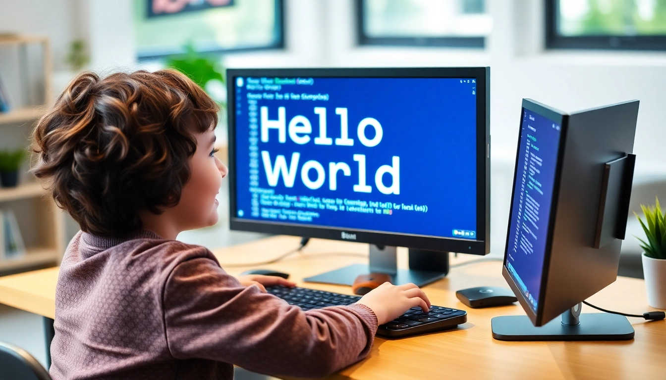 중학생이 코딩 첫걸음으로 hello world 프로그램을 작성하는 모습