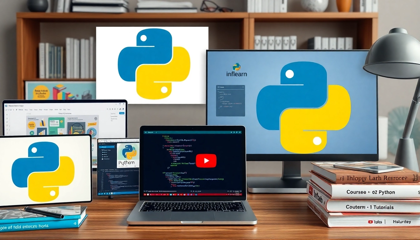 인프런, Coursera, 유튜브, 도서 등 다양한 파이썬 학습 자료들이 놓여진 책상