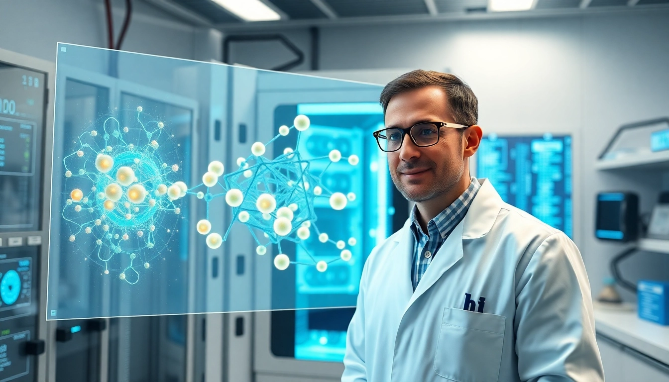 양자 컴퓨터를 활용하여 신약 개발에 필요한 분자 구조를 시뮬레이션하는 미래 과학자의 모습.