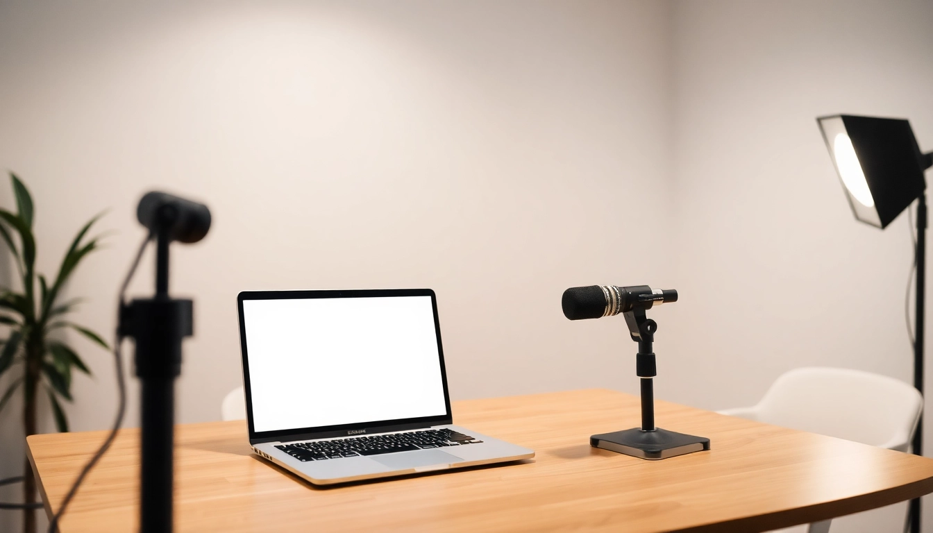 조명이 좋고 깨끗한 중립 배경의 현대적 인터뷰 공간과 웹캠이 장착된 노트북, 헤드셋이 준비된 모습