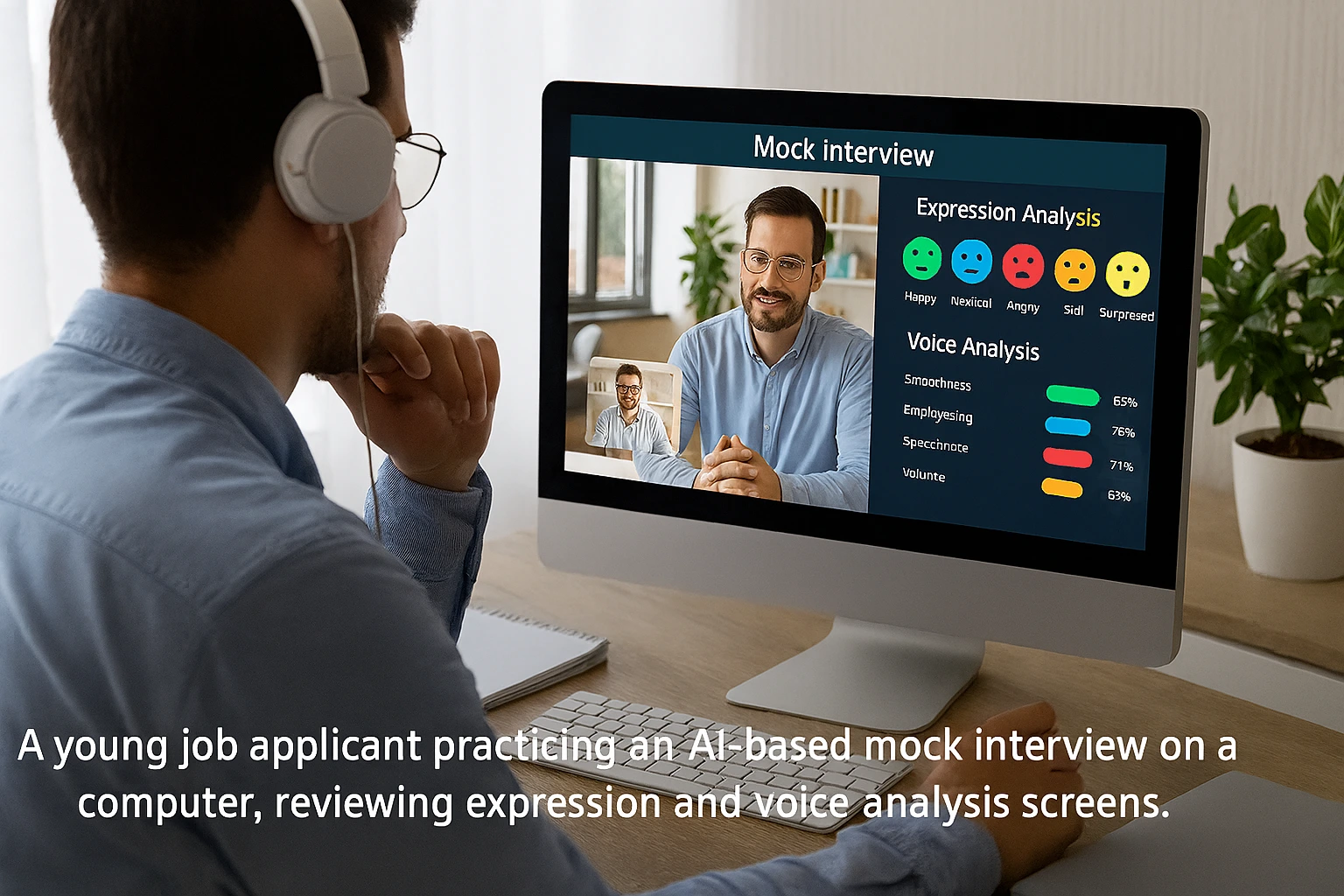 AI 기반 모의 면접을 컴퓨터로 연습하며 표정과 음성 분석 화면을 확인하는 젊은 지원자