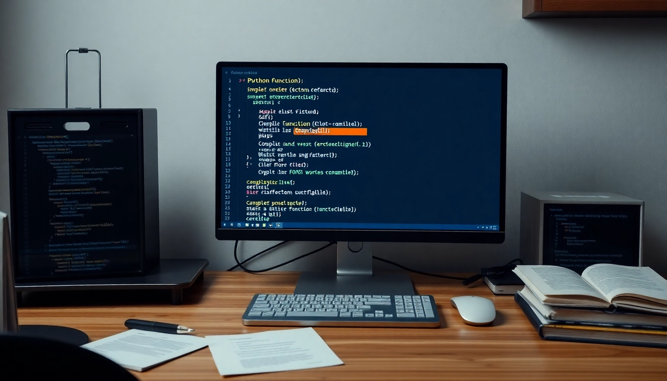 파이썬 함수 정의와 호출을 설명하는 코딩 화면과 책상이 포함된 실사 이미지