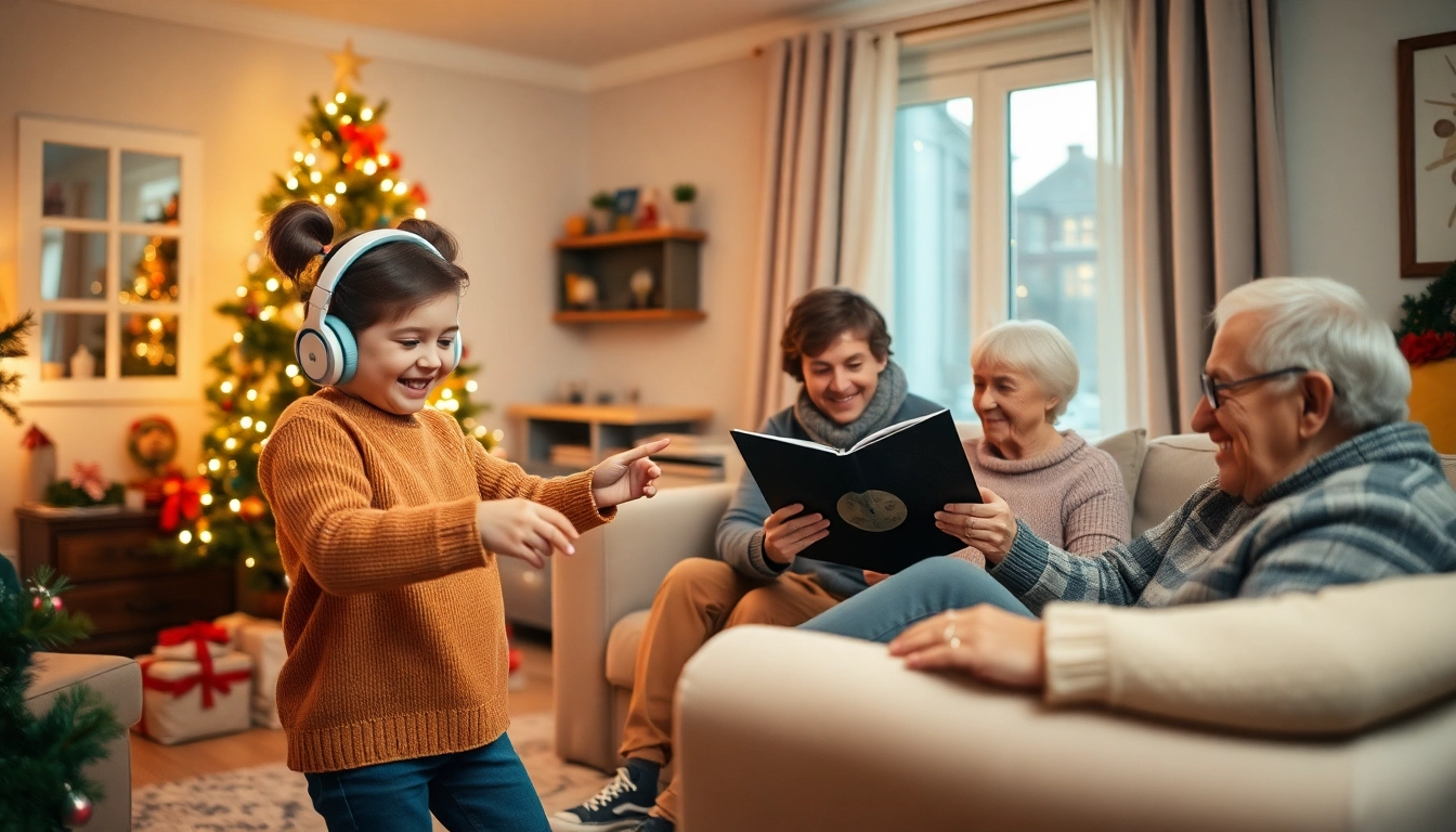 크리스마스 트리로 장식된 거실에 여러 세대의 가족이 모여 각자 다른 방식으로 음악을 즐기는 따뜻한 풍경
