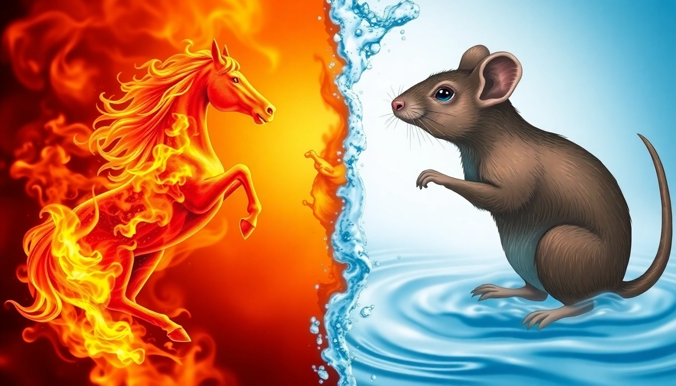 말띠와 쥐띠의 상극 관계를 물과 불의 대립으로 표현한 이미지