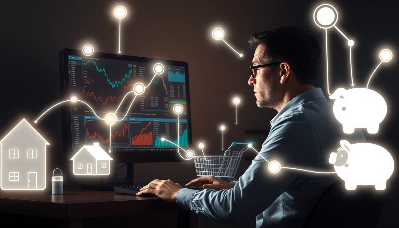 경제 뉴스와 개인의 삶이 연결되어 있음을 보여주는 이미지. 한 사람이 복잡한 경제 데이터 화면을 보며 혼란스러워하고 있고, 데이터와 주택, 장바구니 등이 빛나는 선으로 연결되어 있다.
