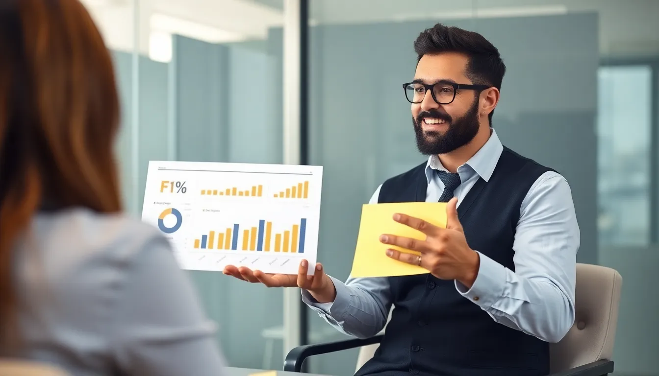 경력 지원자가 구체적인 수치와 그래프로 자신의 성과를 발표하며 면접을 준비하는 모습