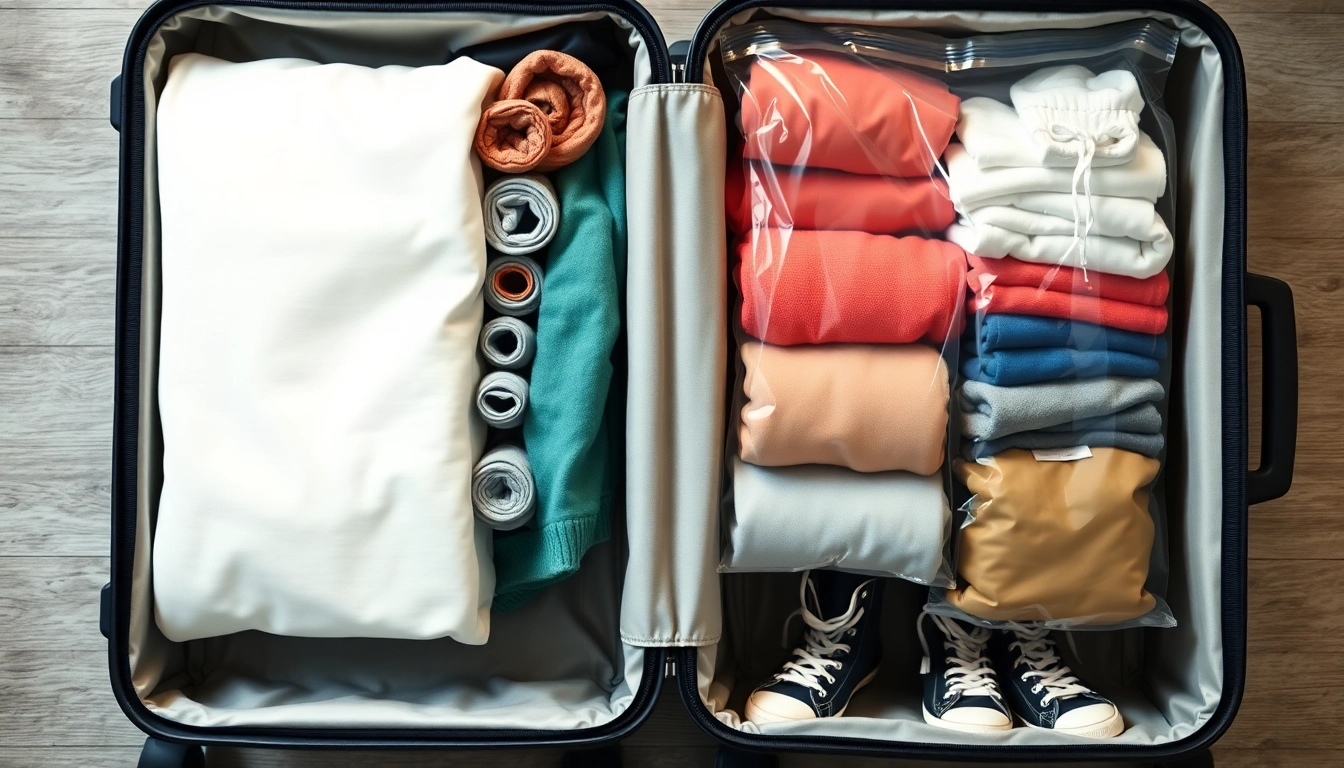 옷을 돌돌 말아 정리하고 압축팩을 활용해 깔끔하게 짐을 싼 캐리어 내부 모습.