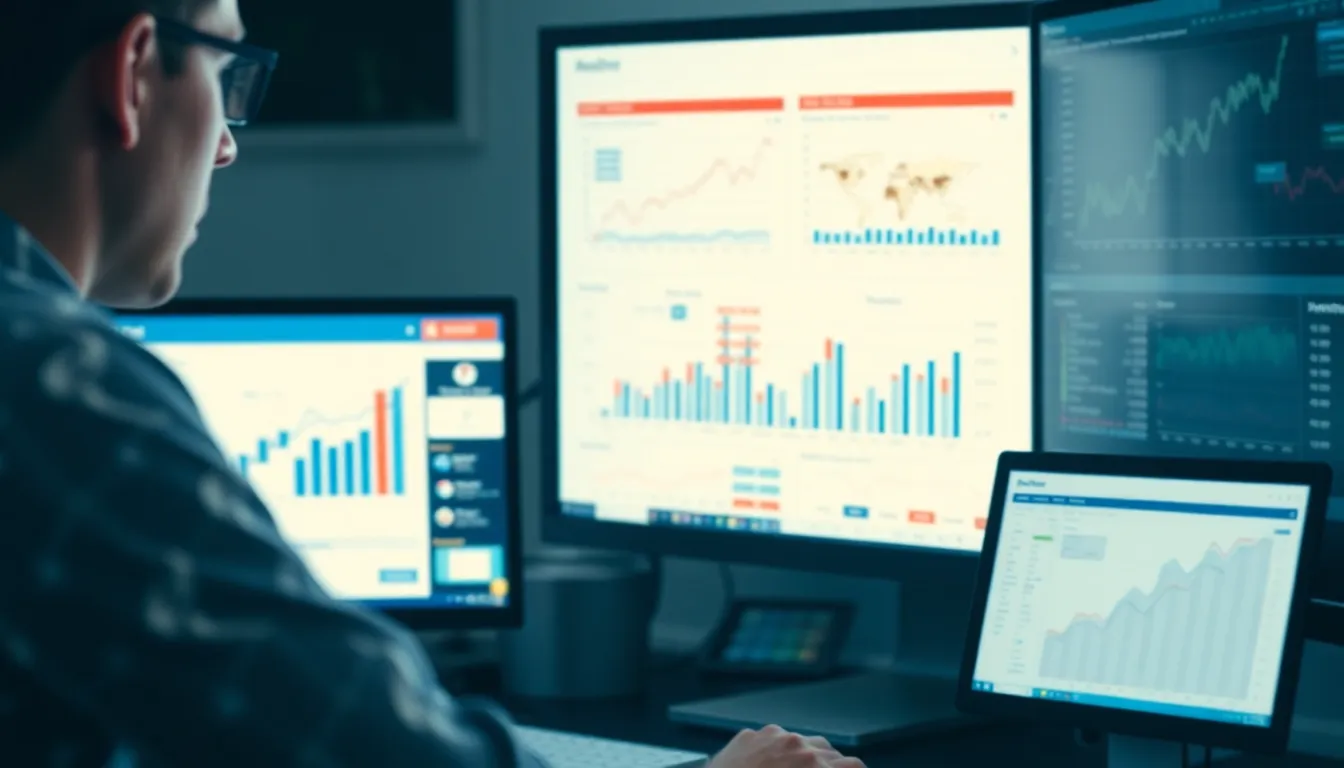 여러 컴퓨터 화면에 소셜 미디어 데이터와 캠페인 성과 지표를 분석하는 마케터 모습