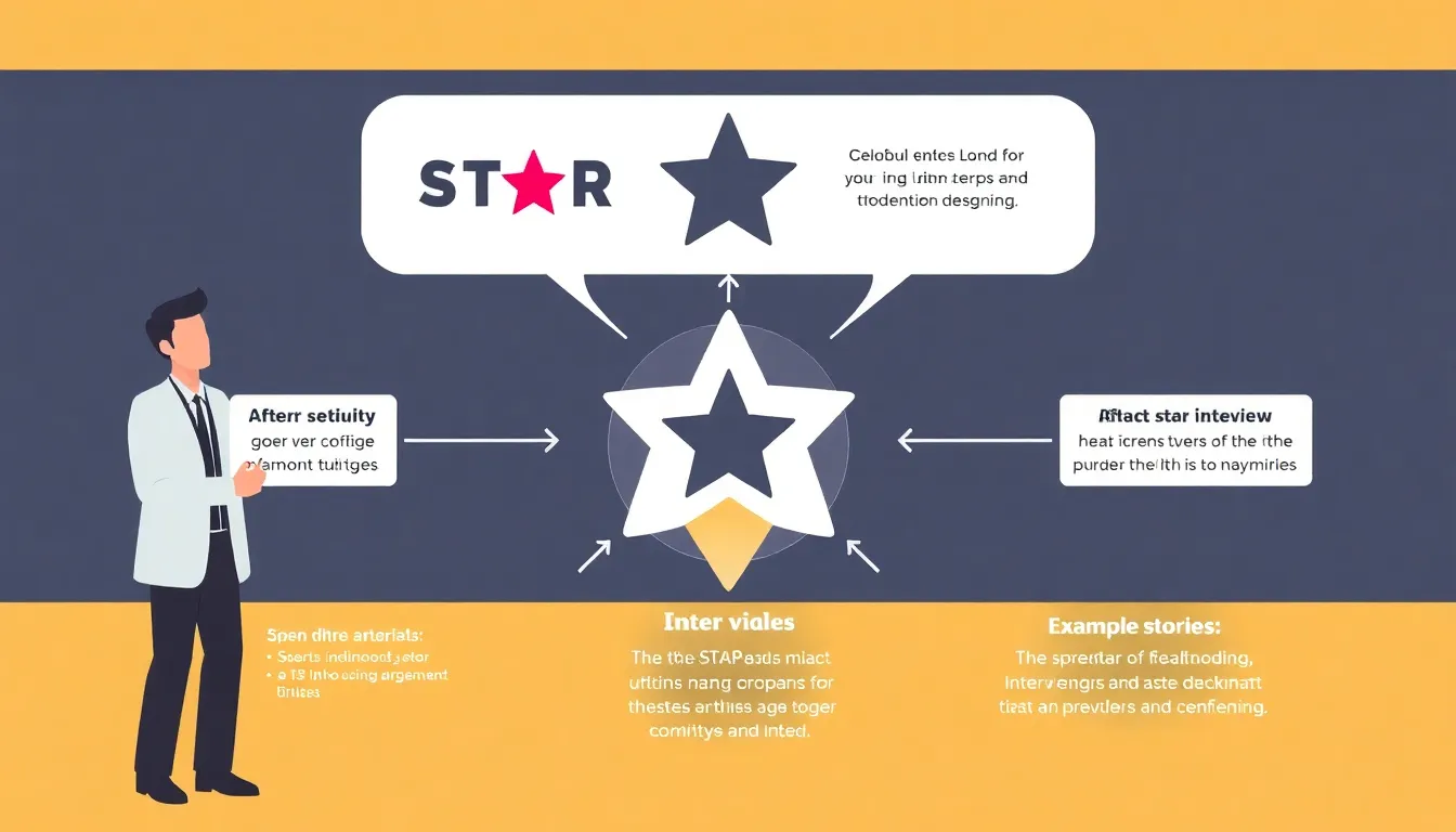 면접에서 STAR 기법을 설명하는 인포그래픽과 예시 스토리를 발표하는 전문가의 모습