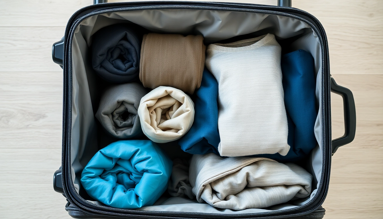 캐리어 안에 옷을 돌돌 말아 넣고 압축 팩을 사용해 공간을 효율적으로 활용하는 모습