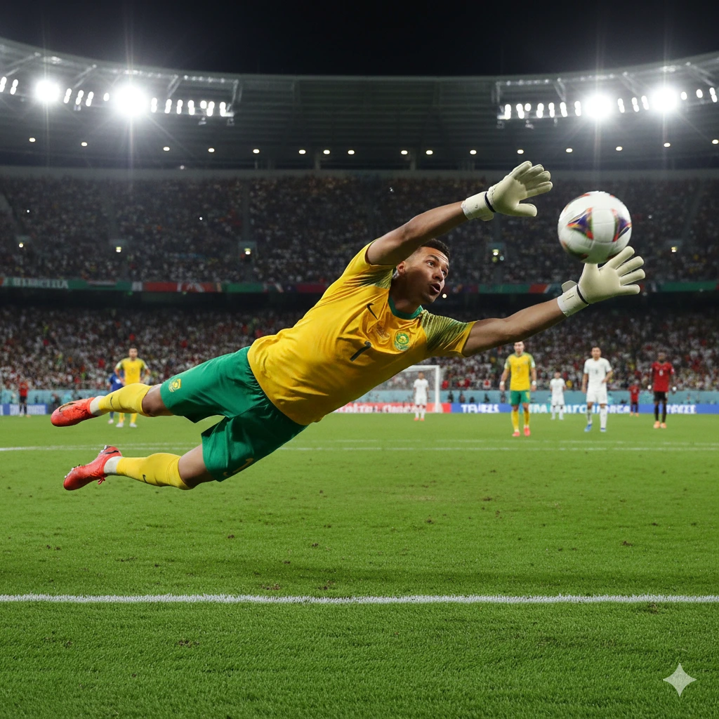 남아프리카공화국 축구 대표팀의 골키퍼가 결정적인 선방을 하는 모습. 골키퍼가 몸을 날려 어려운 공을 막아내고 있다.