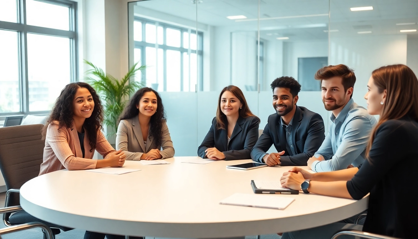 밝은 사무실 원형 테이블에 둘러앉아 건설적인 토론 면접을 진행하는 다양한 지원자들