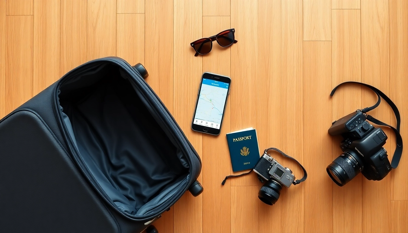 나무 바닥에 놓인 여권, 항공권, 스마트폰, 선글라스 등 해외여행 준비물 체크리스트를 보여주는 이미지.