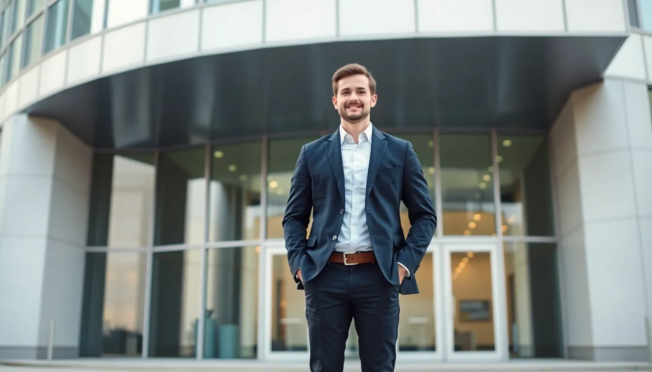 면접을 준비하는 지원자가 현대적인 사무실 건물 앞에 비즈니스 캐주얼 복장으로 자신감 있게 서 있는 모습
