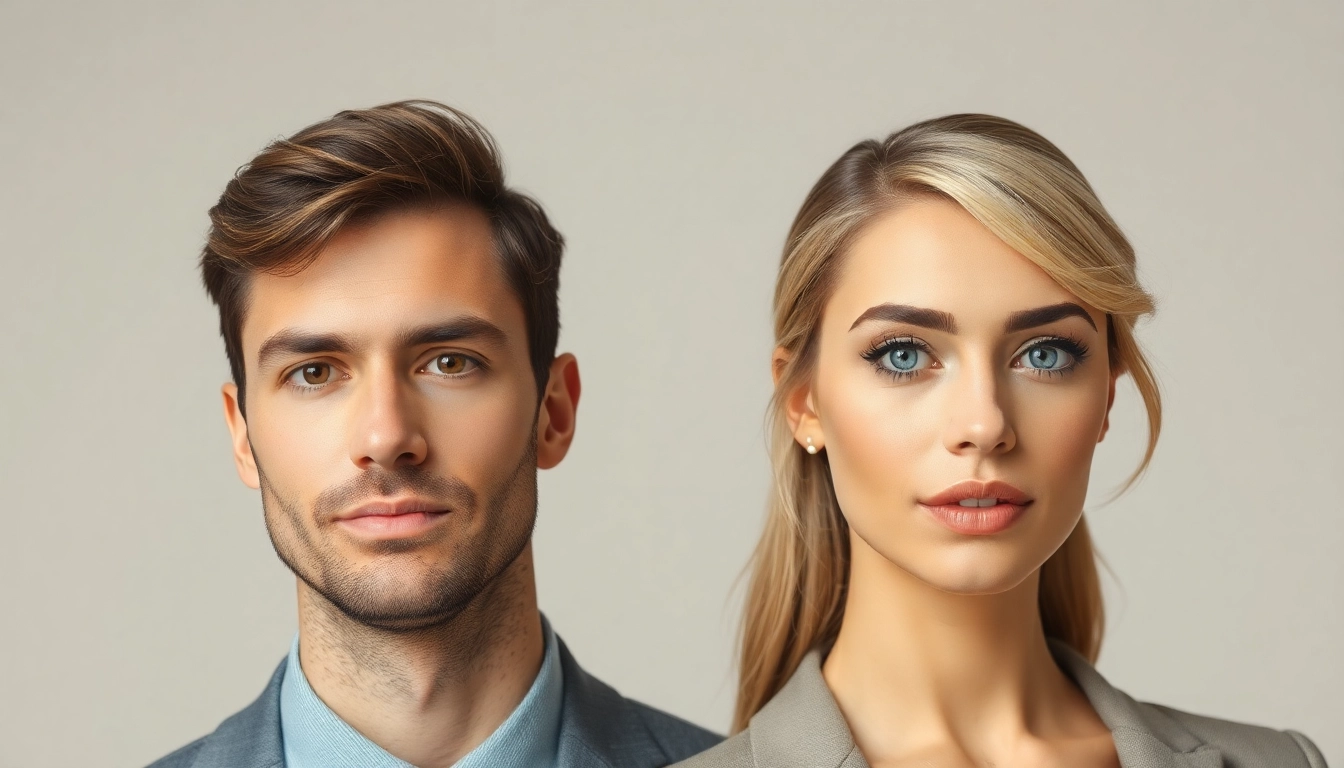 면접에 어울리는 단정한 헤어스타일과 자연스러운 메이크업을 한 남녀 프로페셔널 인물