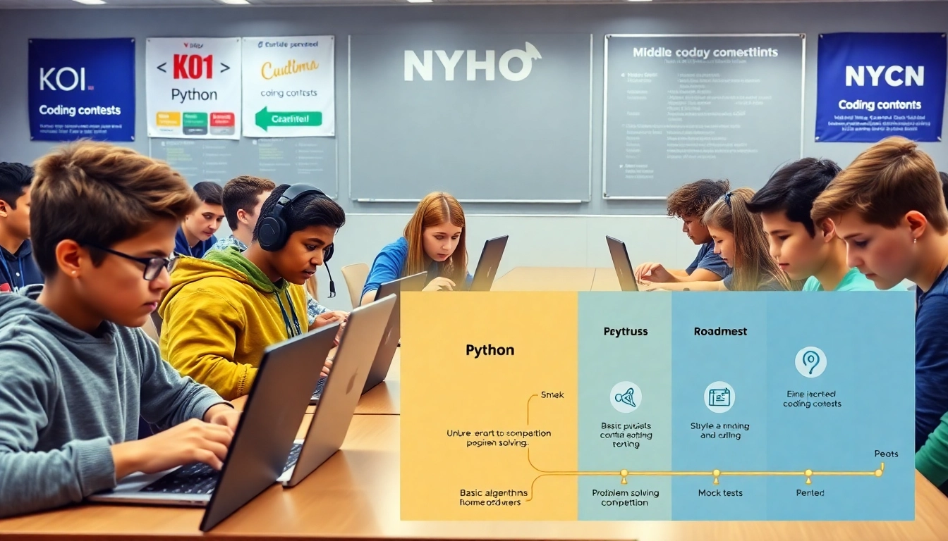 중학생들이 파이썬 코딩 대회에 참가하는 모습과 준비 로드맵