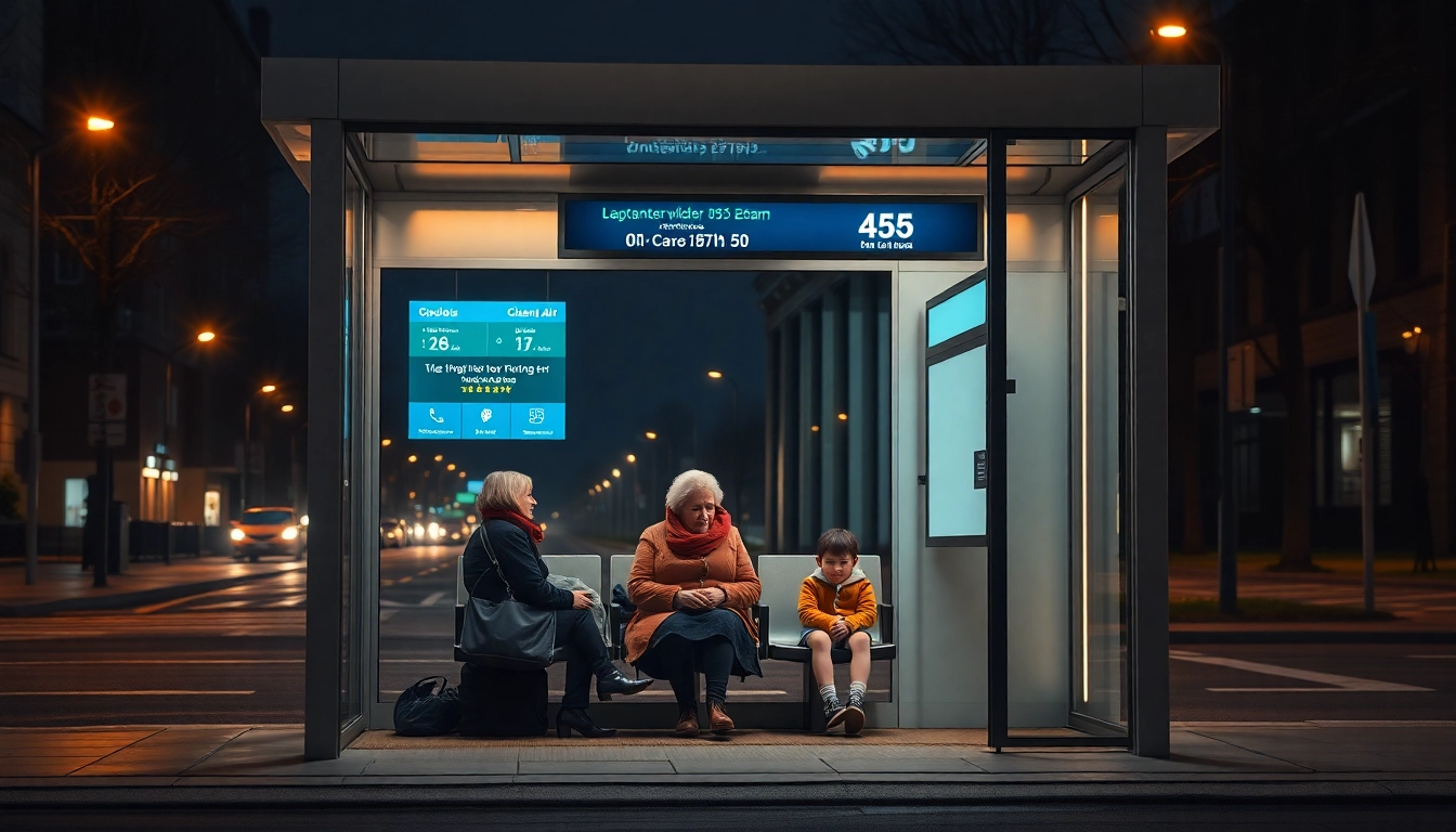 추운 밤, 따뜻한 조명이 켜진 성동구 스마트쉼터 안에서 어르신과 아이가 안전하게 버스를 기다리고 있는 모습.